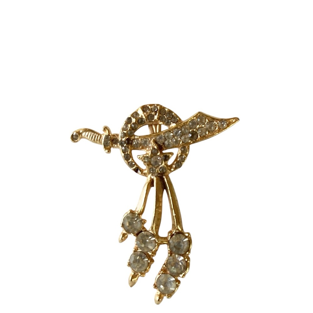 Shriner Masonic Sword Crescent Moon Brooch Pin Gold Tone Rhinestones Antique